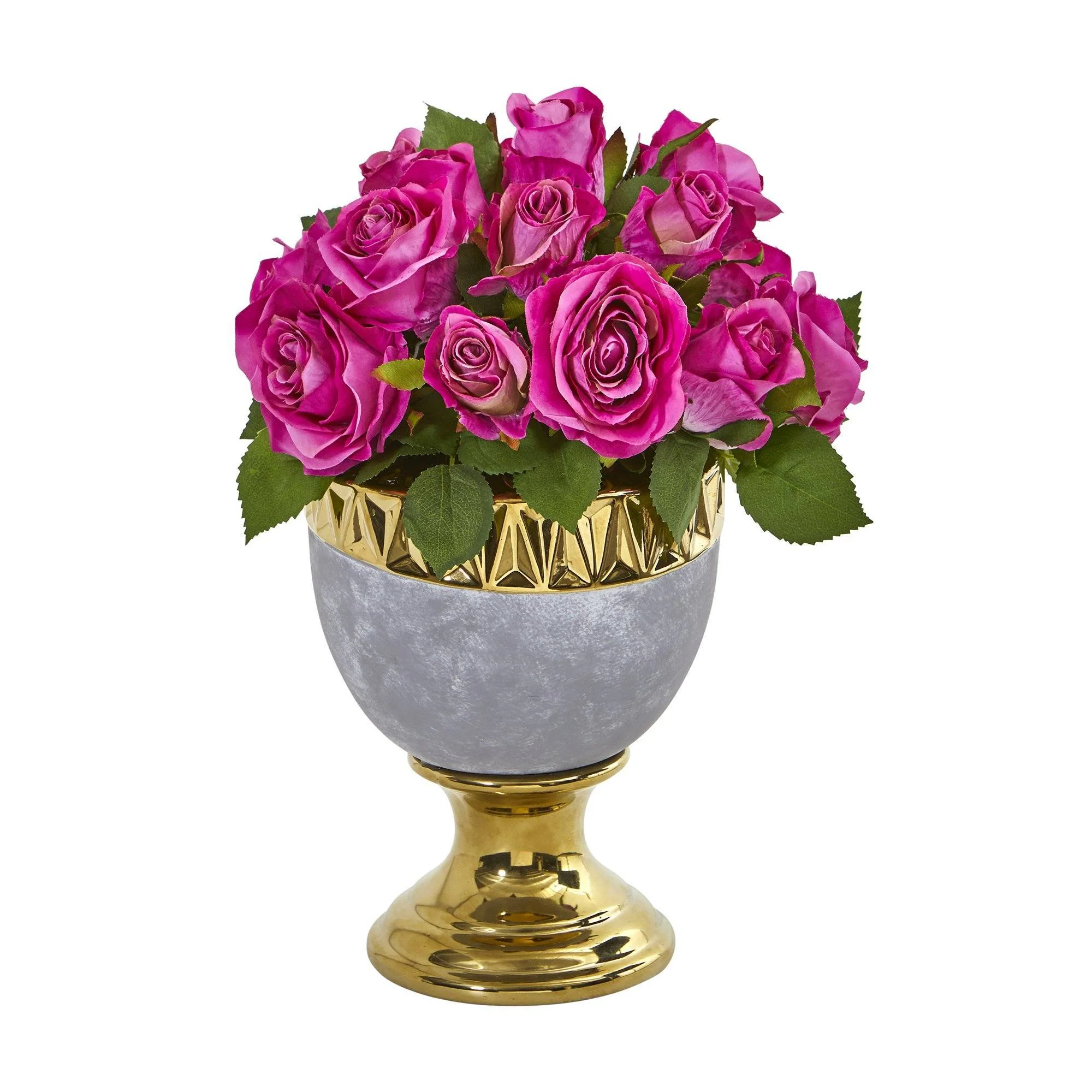 14” Rose Artificial Arrangement in Urn with Gold Trimming - Image 3