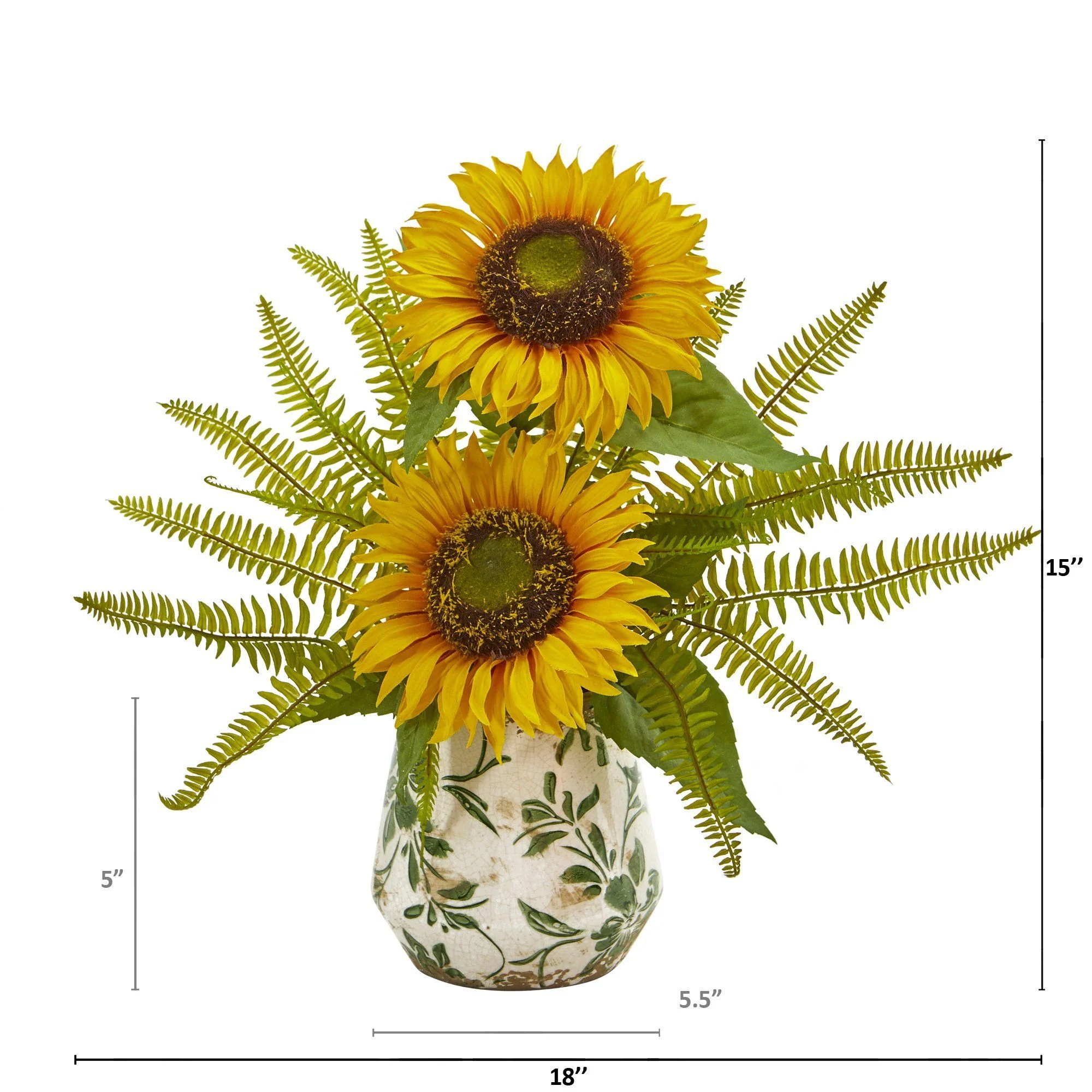 Sunflower and Fern Artificial Arrangement in Vase - Image 2