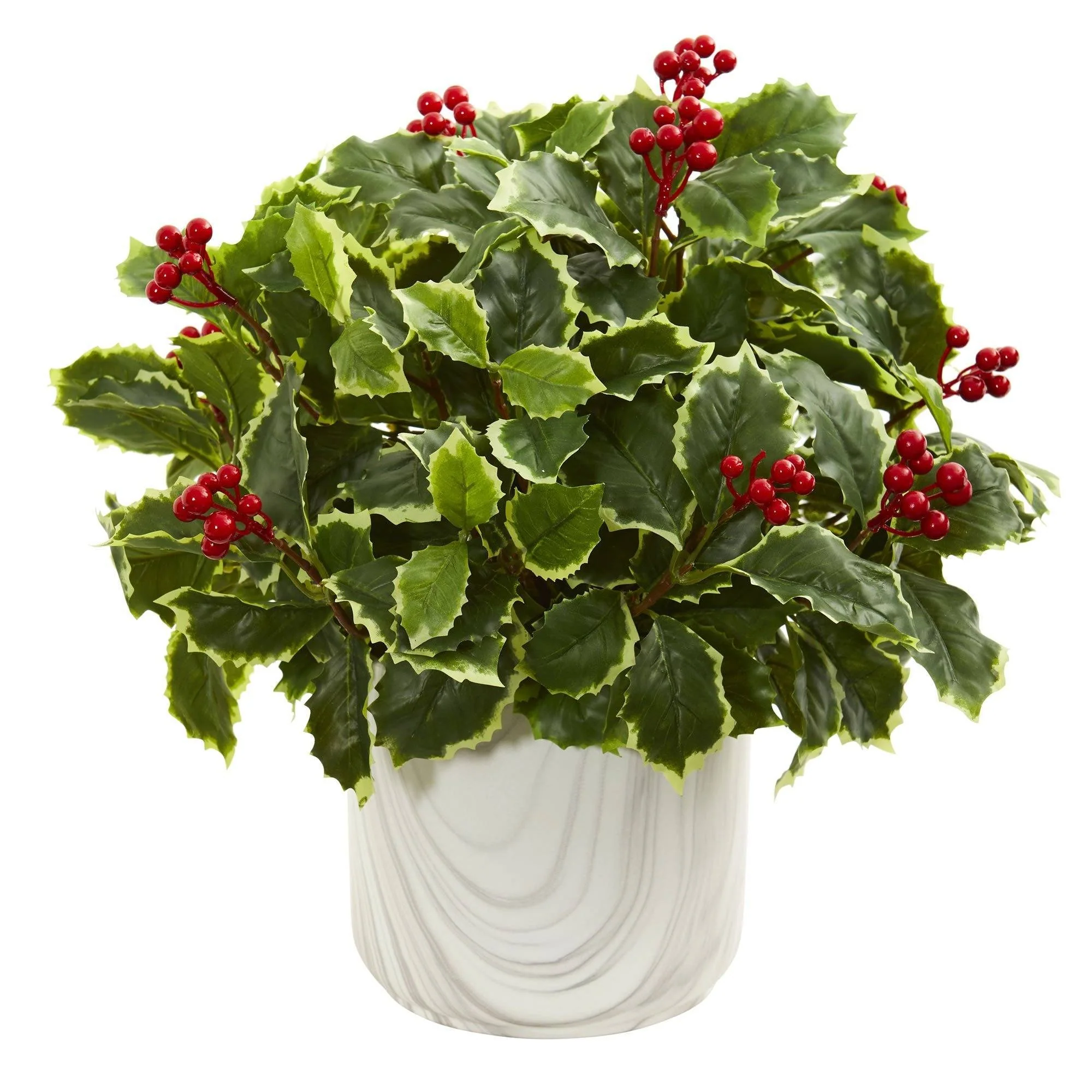 Variegated Holly Leaf Artificial Plant in Vase (Real Touch)