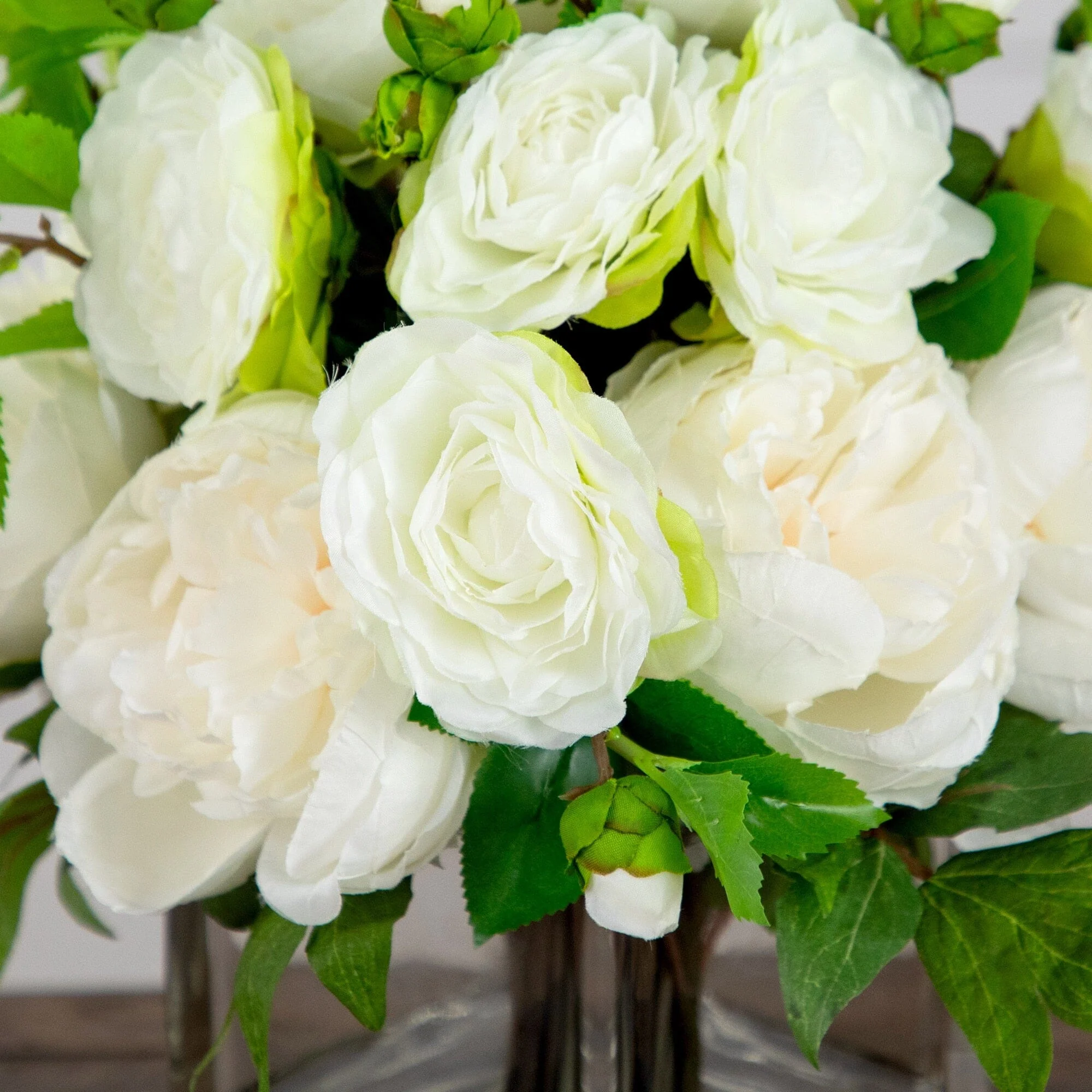 Wedding Collection 13" Peony and Camellia Artificial Arrangement in Glass Vase - Image 2