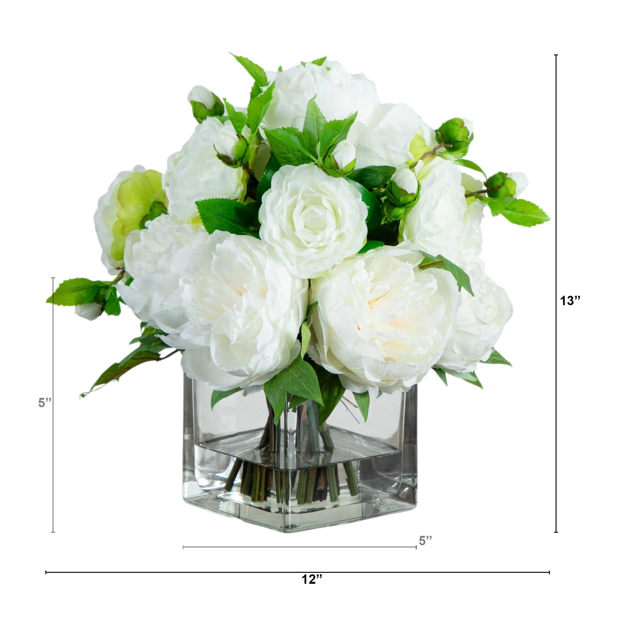 Wedding Collection 13" Peony and Camellia Artificial Arrangement in Glass Vase - Image 5