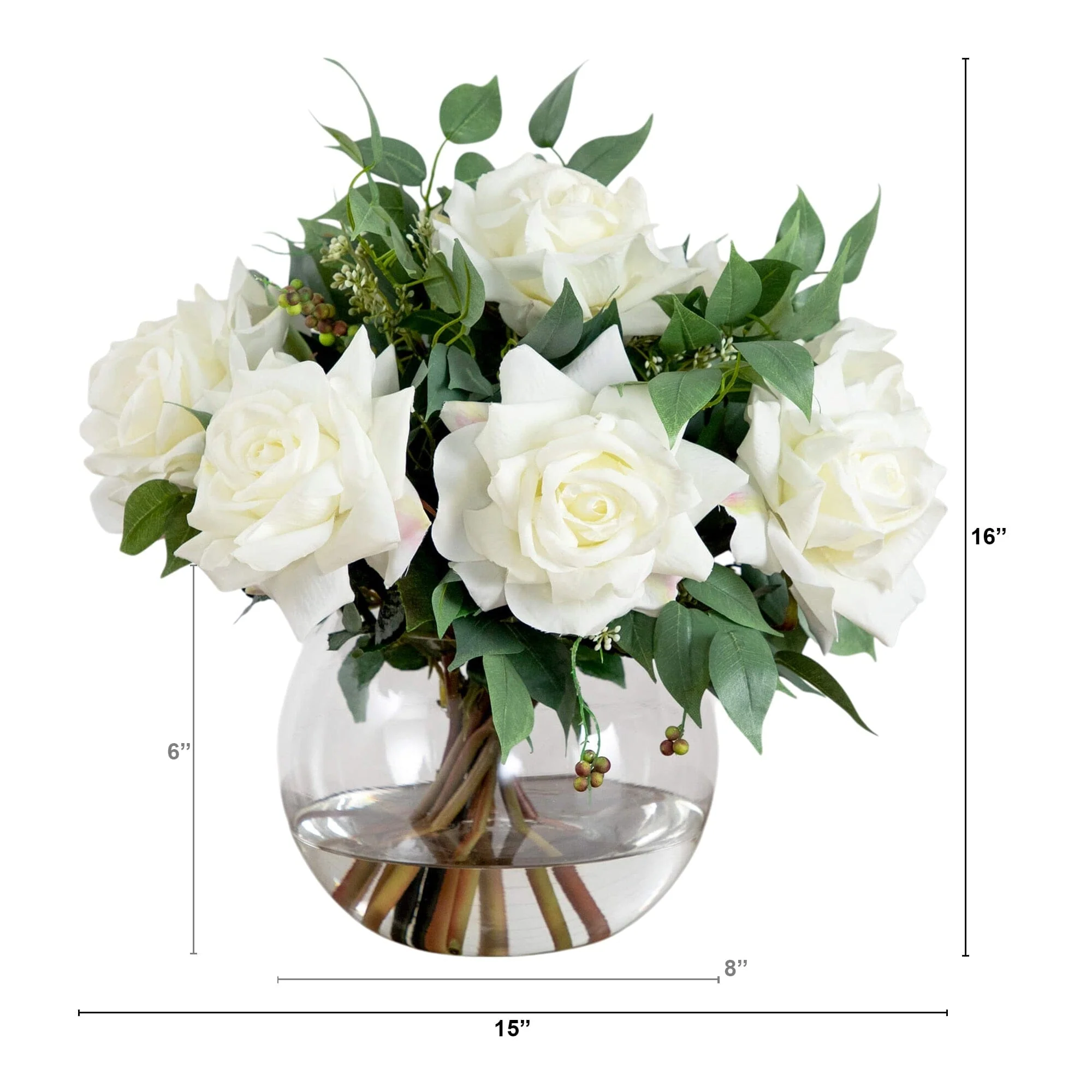 Wedding Collection 16" Artificial Roses and Mixed Greens Arrangement in Glass Vase - Image 6